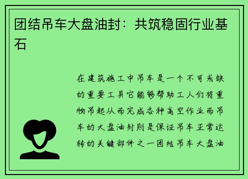 团结吊车大盘油封：共筑稳固行业基石